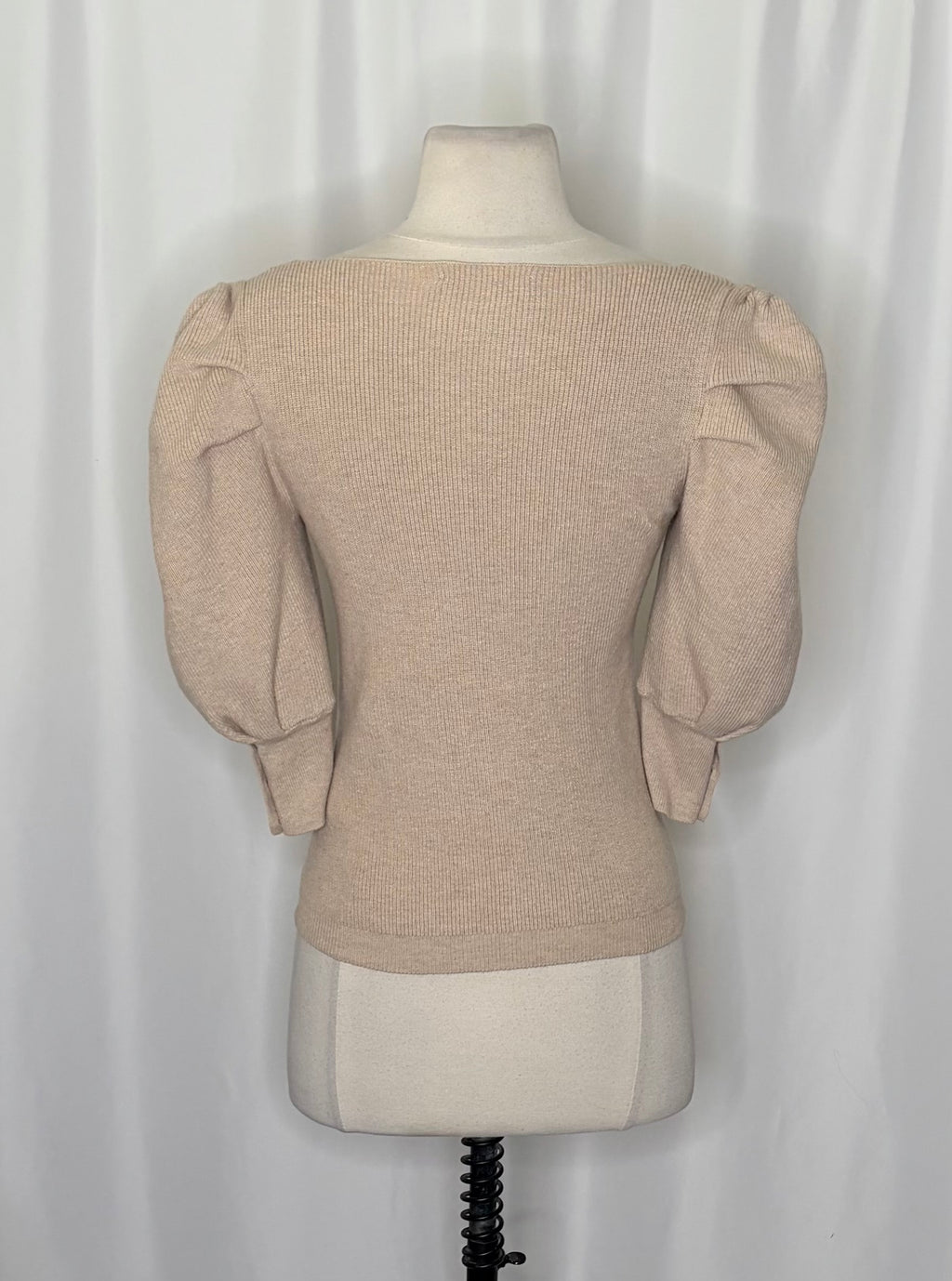 BA&SH Harris Puff Sleeve Wool Blend Rib V-Neck Sweater Solid Beige Knit X-Small