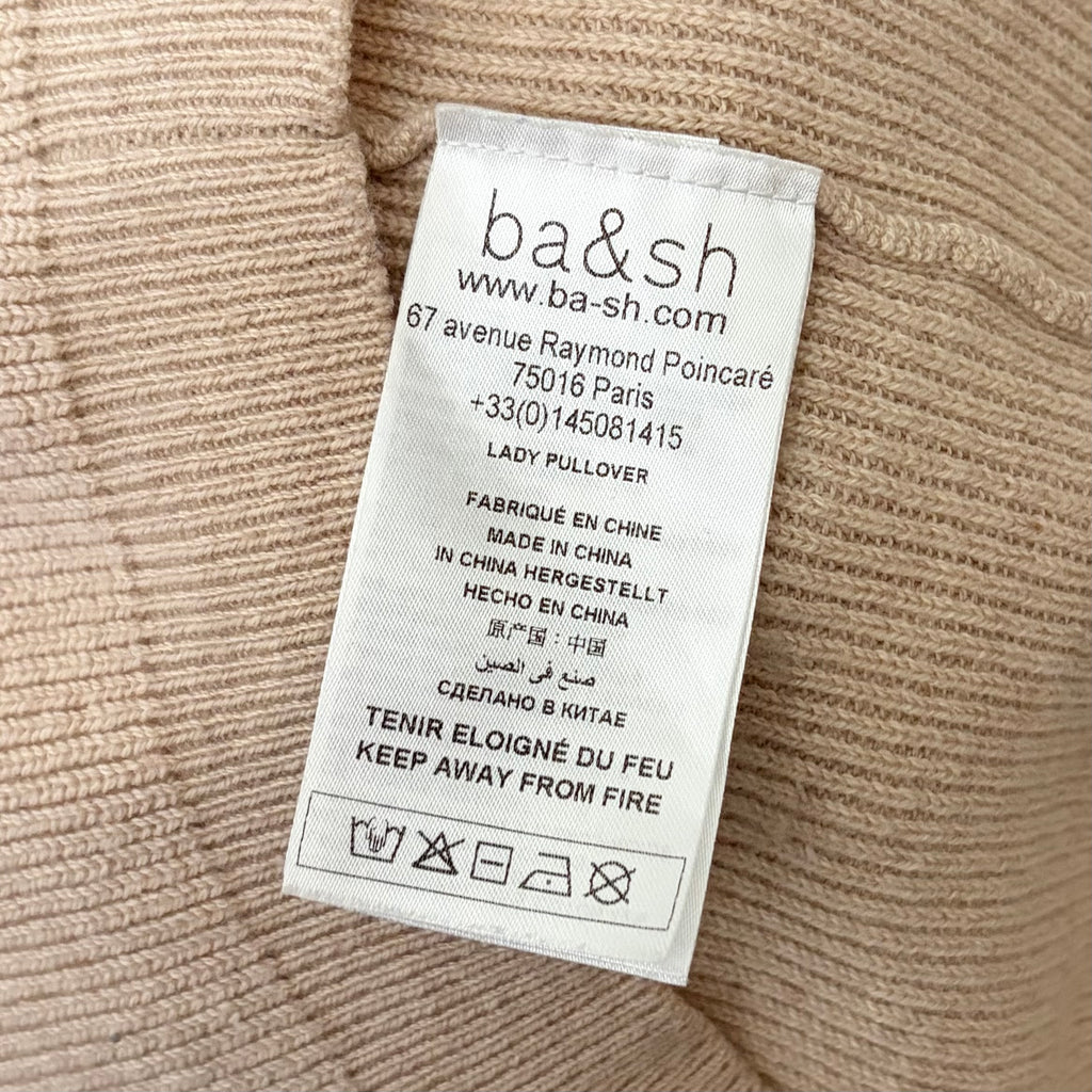 BA&SH Harris Puff Sleeve Wool Blend Rib V-Neck Sweater Solid Beige Knit X-Small