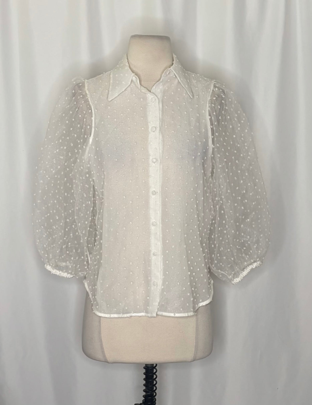 ZARA Swiss Dot Organza Blouse White Sheer Puff Sleeve Top Blouse Buttons X-Small