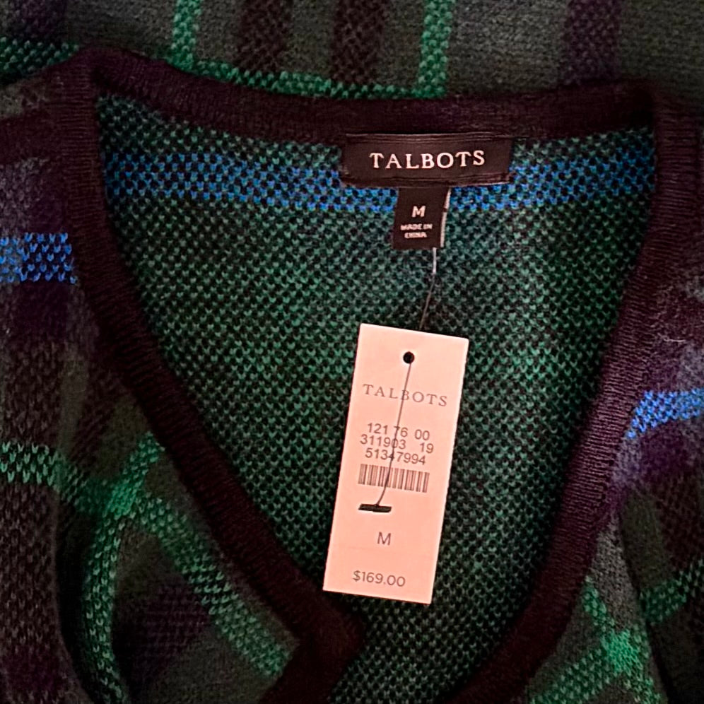 NWT TALBOTS Plaid Lambswool Blend Open Front Cardigan Sweater Knitwear Medium