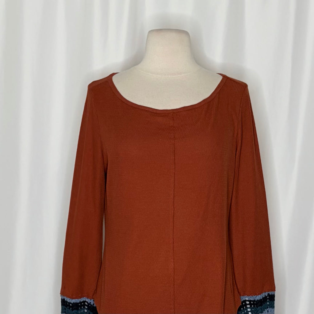Anthropologie PILCRO Crochet Cuffed Thermal Top Cedar Pullover Stripes Small