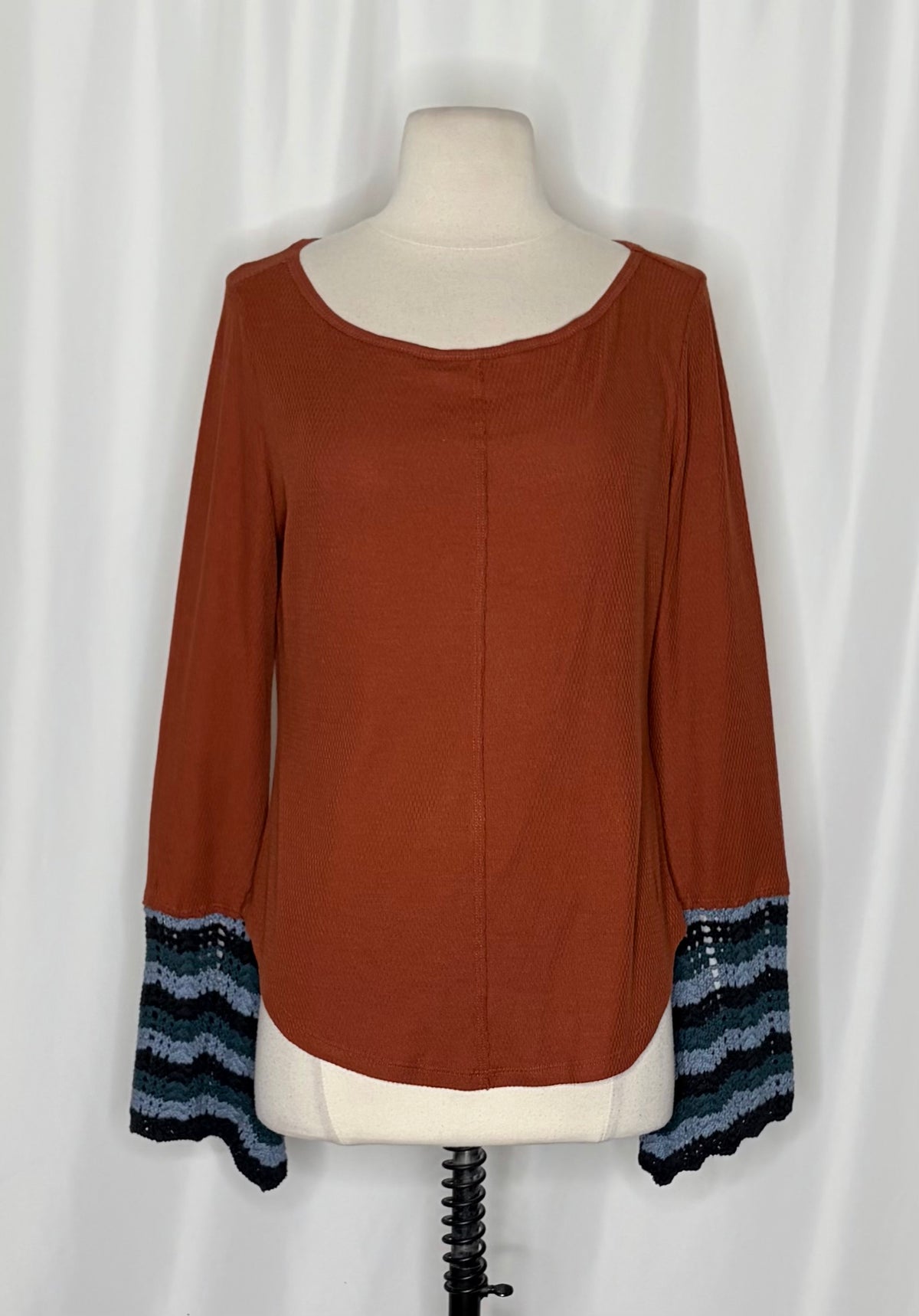 Anthropologie PILCRO Crochet Cuffed Thermal Top Cedar Pullover Stripes Small