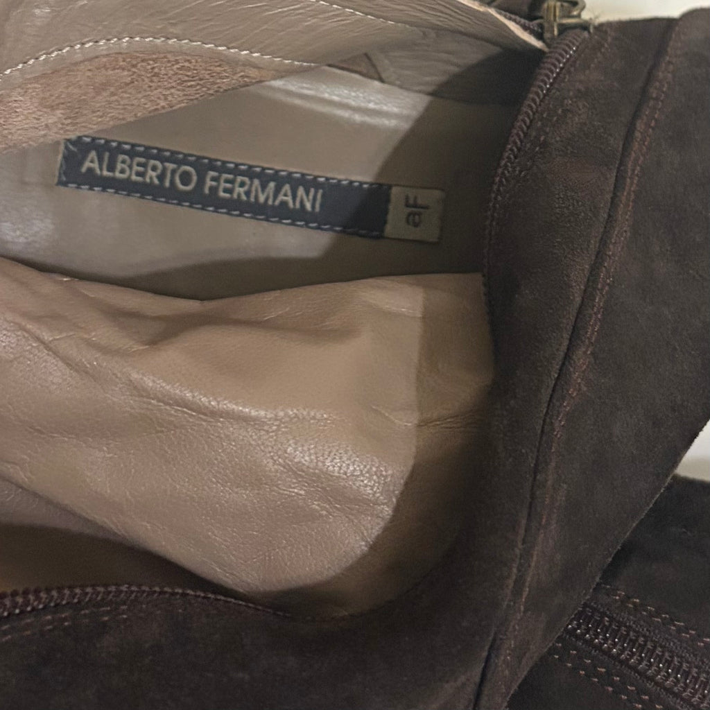 ALBERTO FERMANI Brown Suede Knee High Wedge Boots Italy Italian Size 37.5