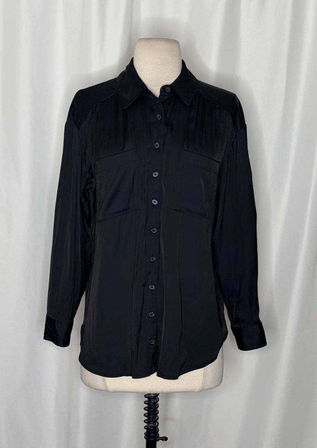 ANTHROPOLOGIE Black Satin Button Down Shirt Blouse Top Pockets Solid Small