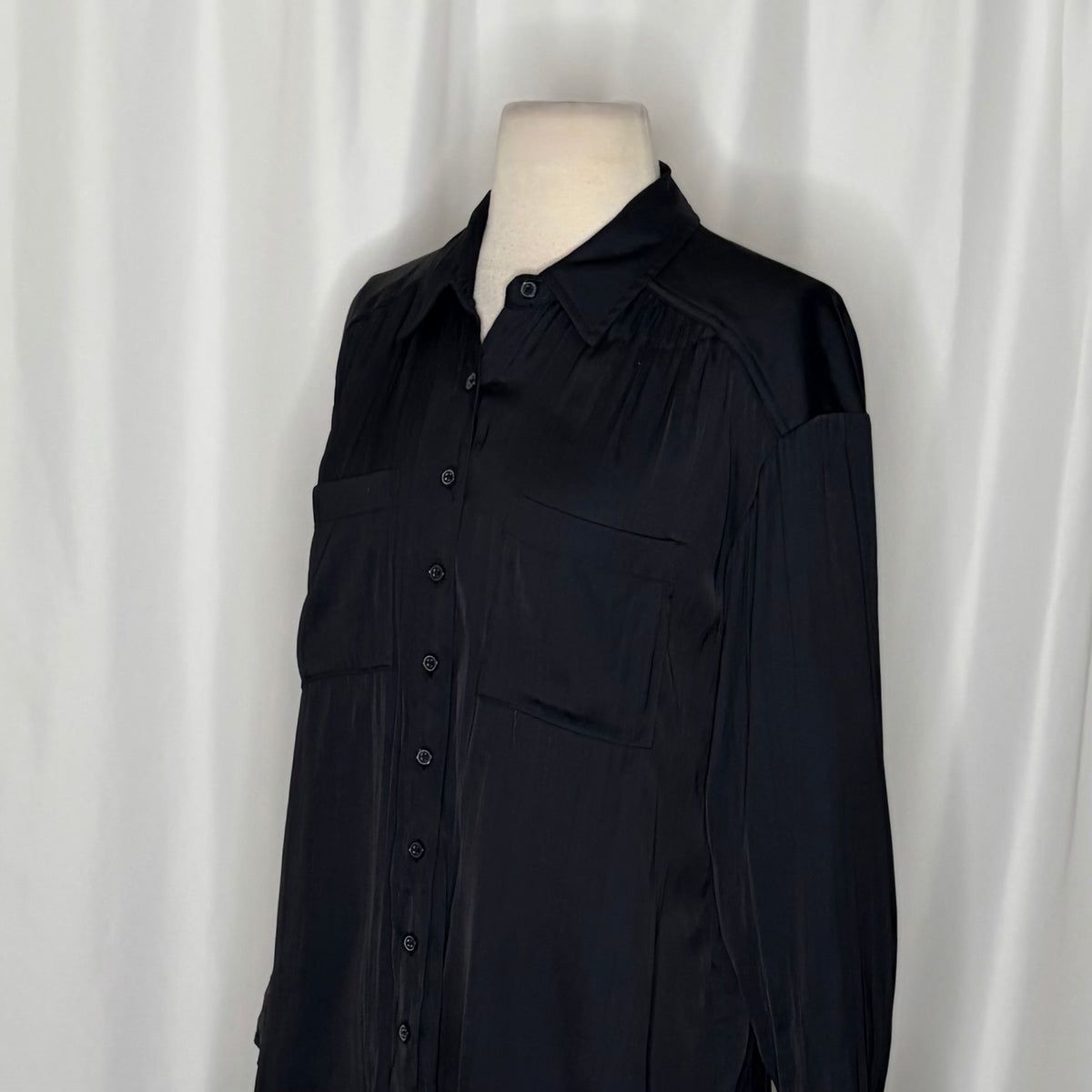 ANTHROPOLOGIE Black Satin Button Down Shirt Blouse Top Pockets Solid Small