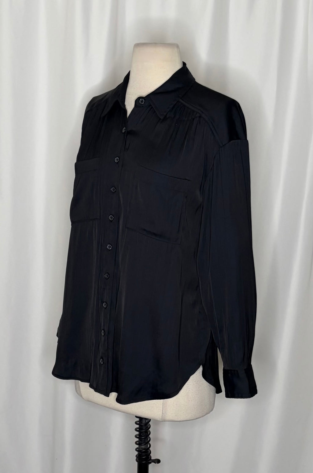 ANTHROPOLOGIE Black Satin Button Down Shirt Blouse Top Pockets Solid Small