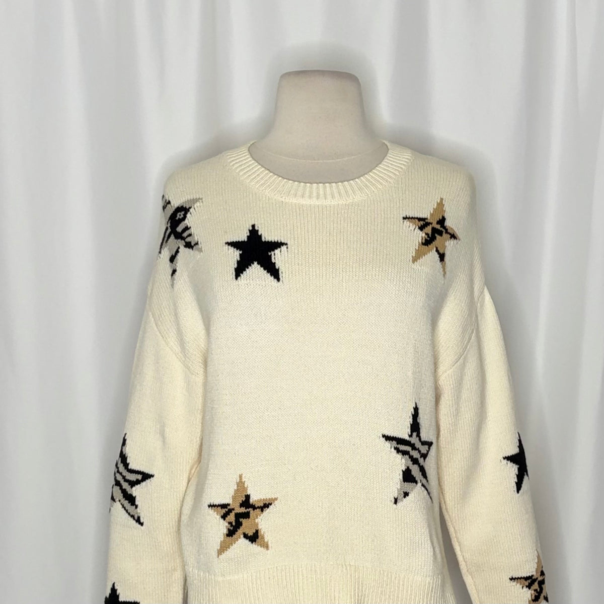 RAILS Perci Animal Star Sweater Ivory Black Camel Cotton Blend Knit X-Small