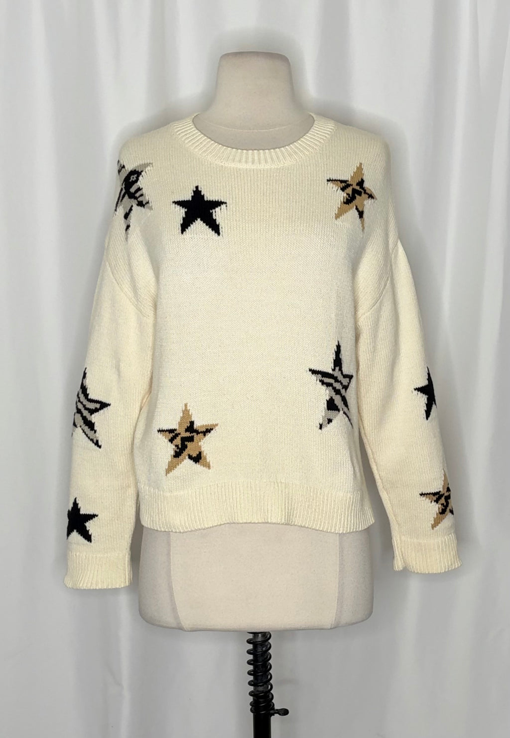 RAILS Perci Animal Star Sweater Ivory Black Camel Cotton Blend Knit X-Small
