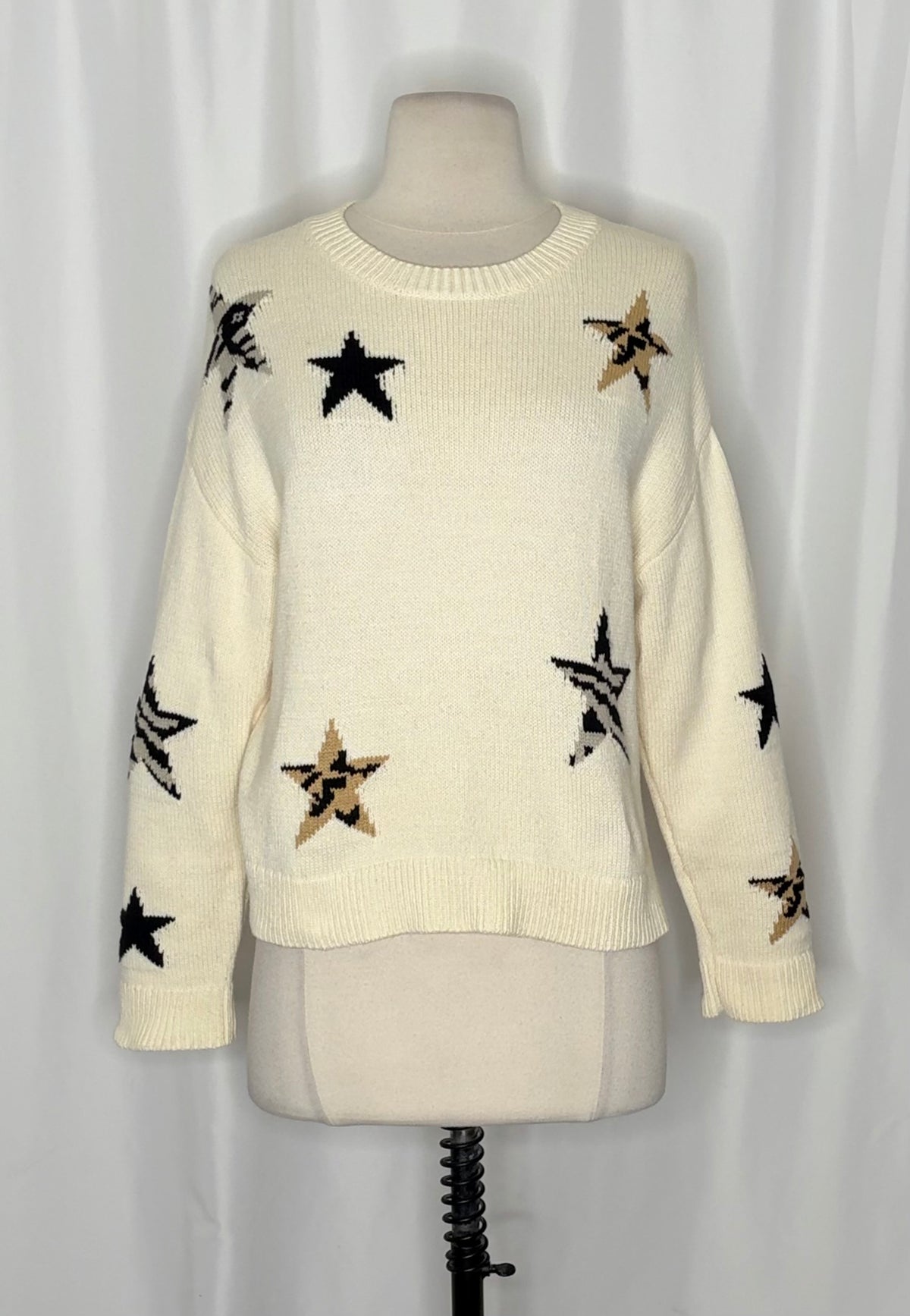 RAILS Perci Animal Star Sweater Ivory Black Camel Cotton Blend Knit X-Small