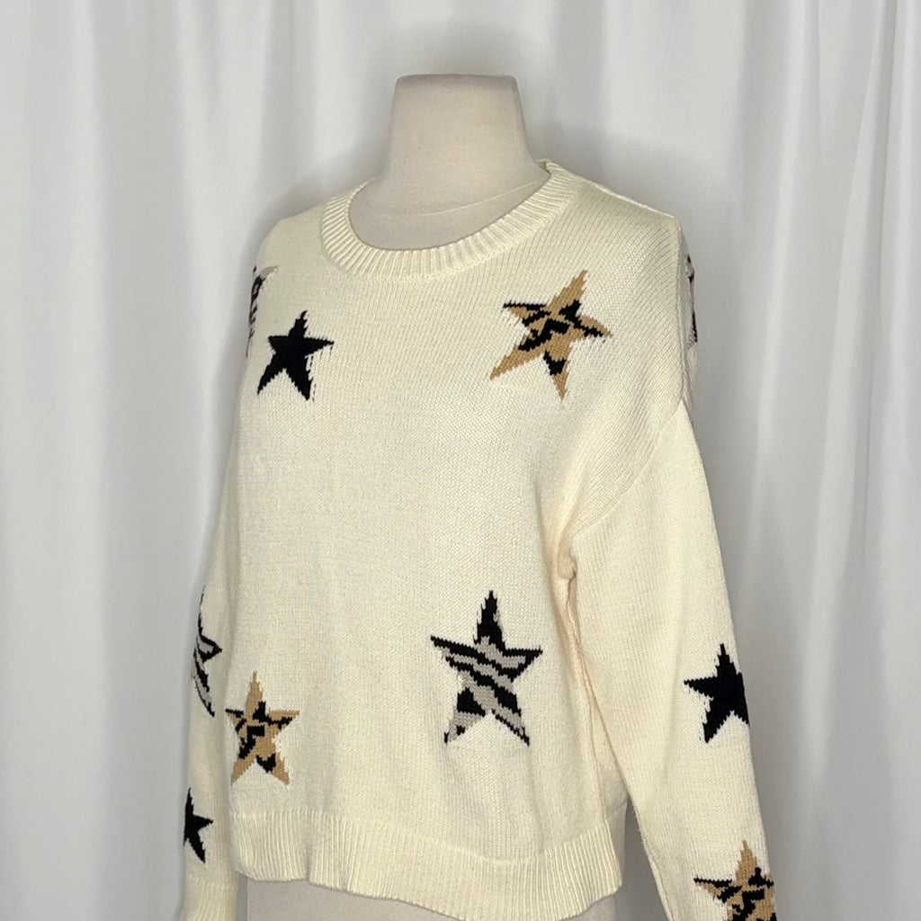 RAILS Perci Animal Star Sweater Ivory Black Camel Cotton Blend Knit X-Small