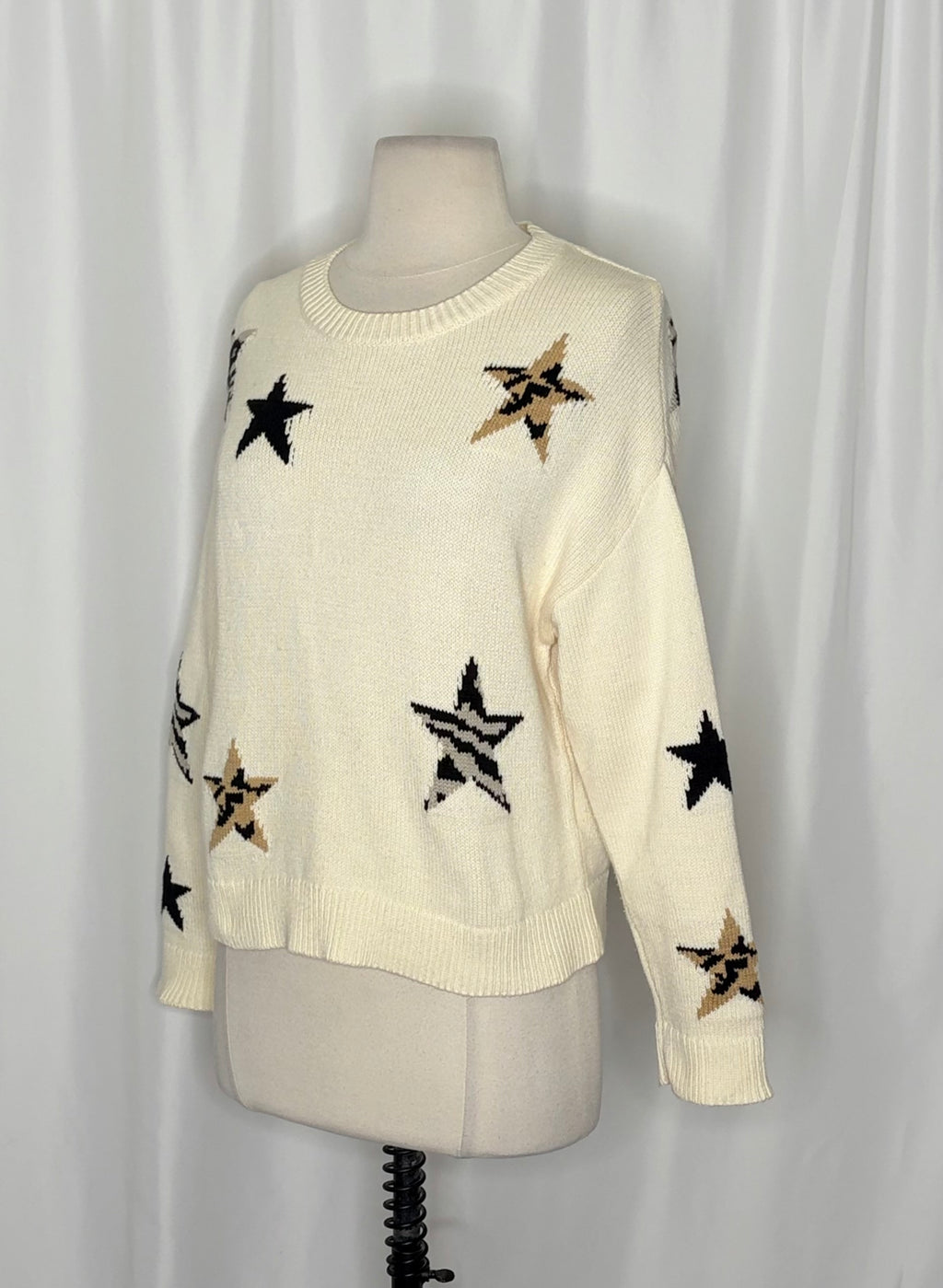 RAILS Perci Animal Star Sweater Ivory Black Camel Cotton Blend Knit X-Small