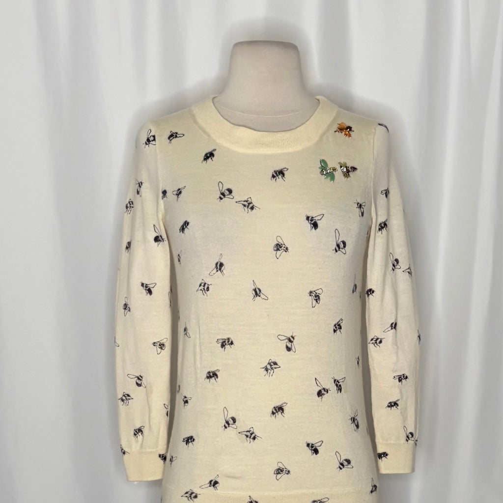 J. CREW Tippi Bee Print Embellished Merino Wool Sweater Cream X-Small