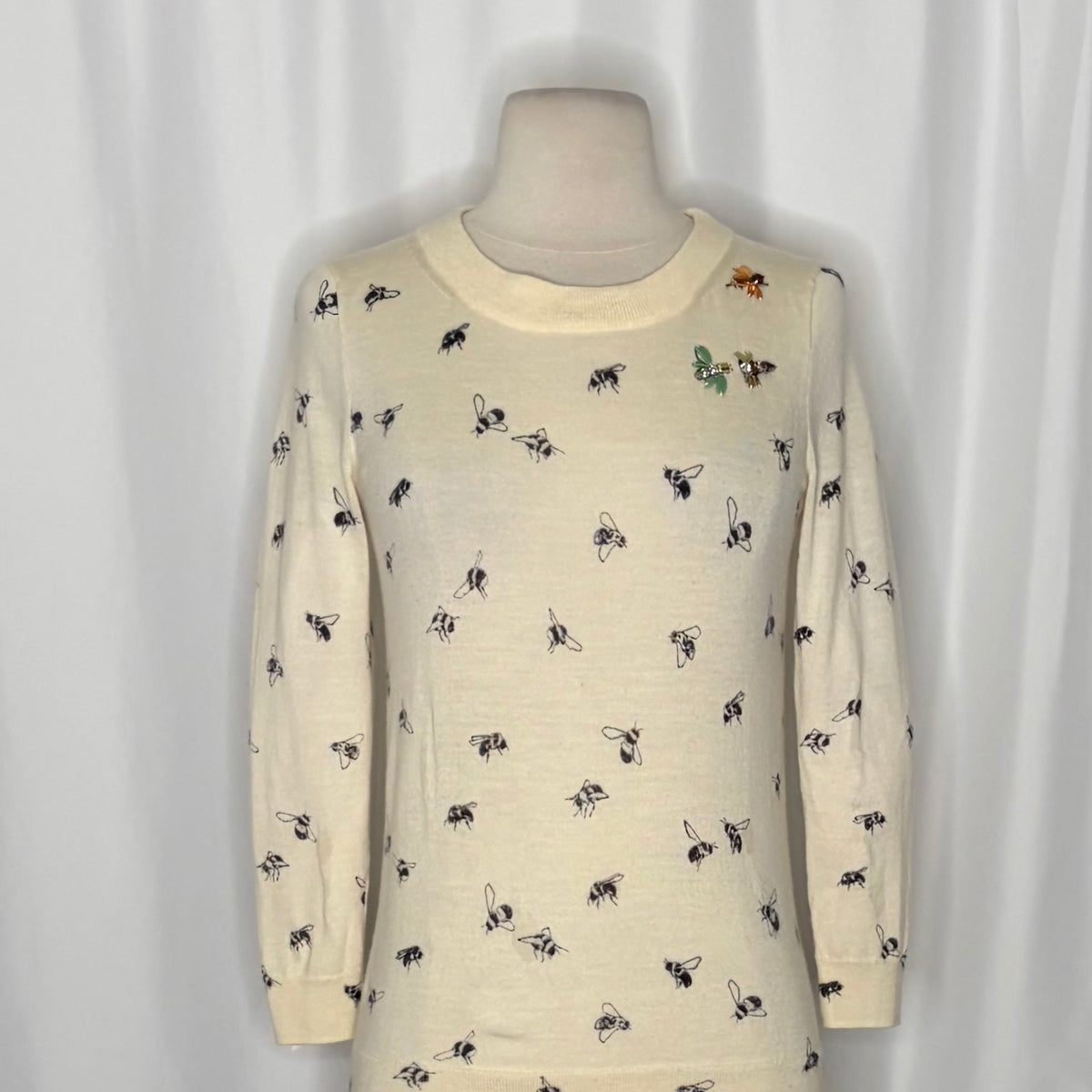J. CREW Tippi Bee Print Embellished Merino Wool Sweater Cream X-Small