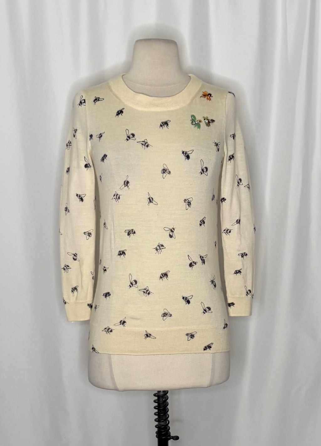 J. CREW Tippi Bee Print Embellished Merino Wool Sweater Cream X-Small