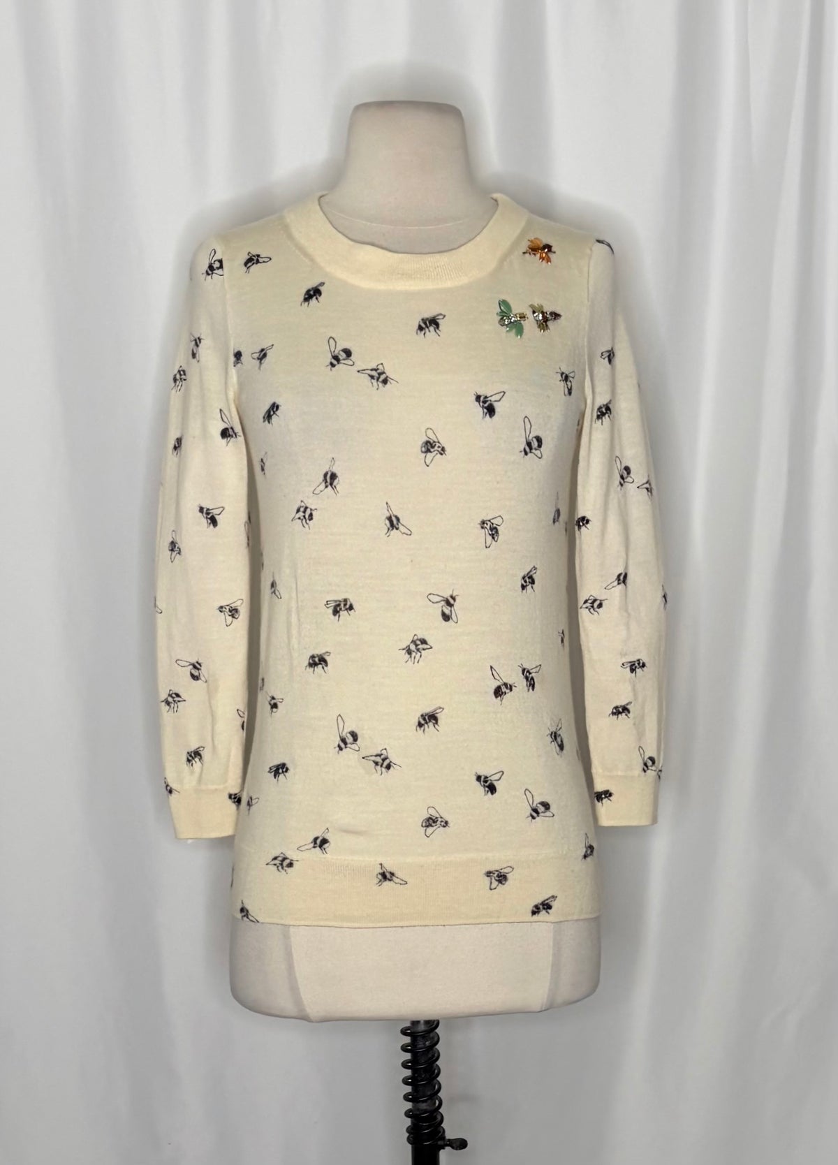 J. CREW Tippi Bee Print Embellished Merino Wool Sweater Cream X-Small
