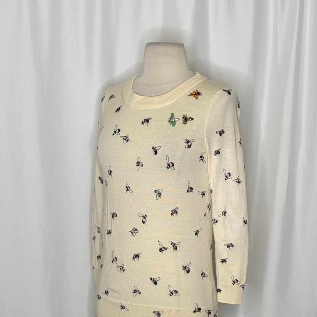 J. CREW Tippi Bee Print Embellished Merino Wool Sweater Cream X-Small
