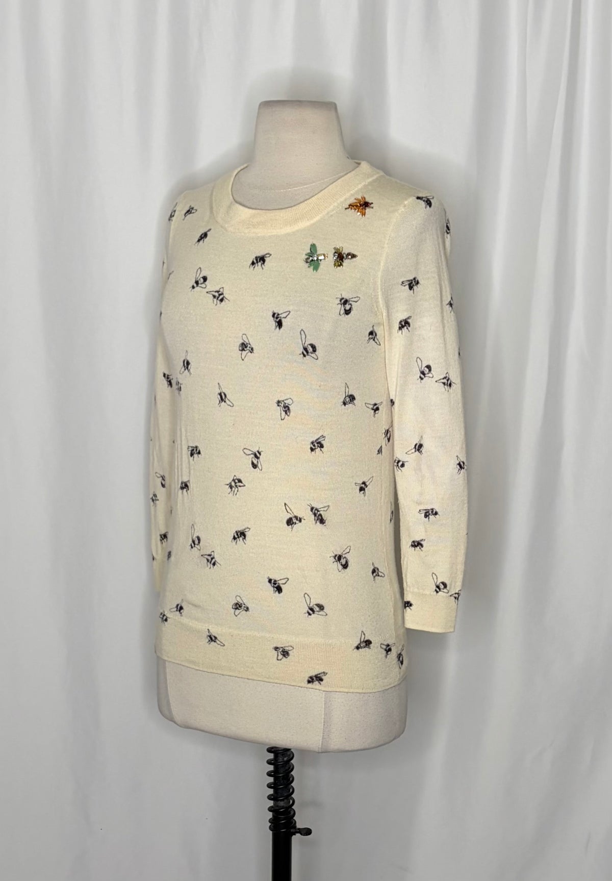 J. CREW Tippi Bee Print Embellished Merino Wool Sweater Cream X-Small