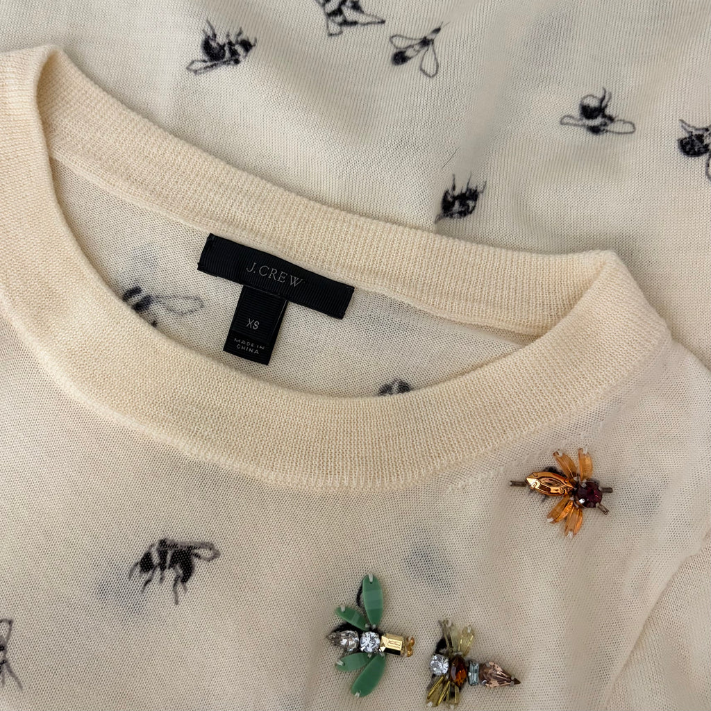 J. CREW Tippi Bee Print Embellished Merino Wool Sweater Cream X-Small