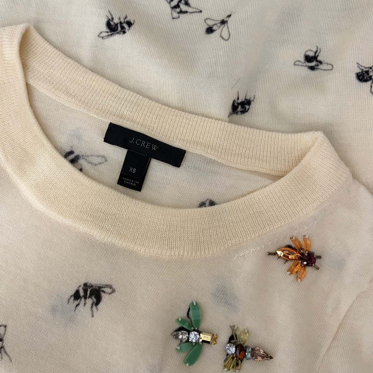 J. CREW Tippi Bee Print Embellished Merino Wool Sweater Cream X-Small