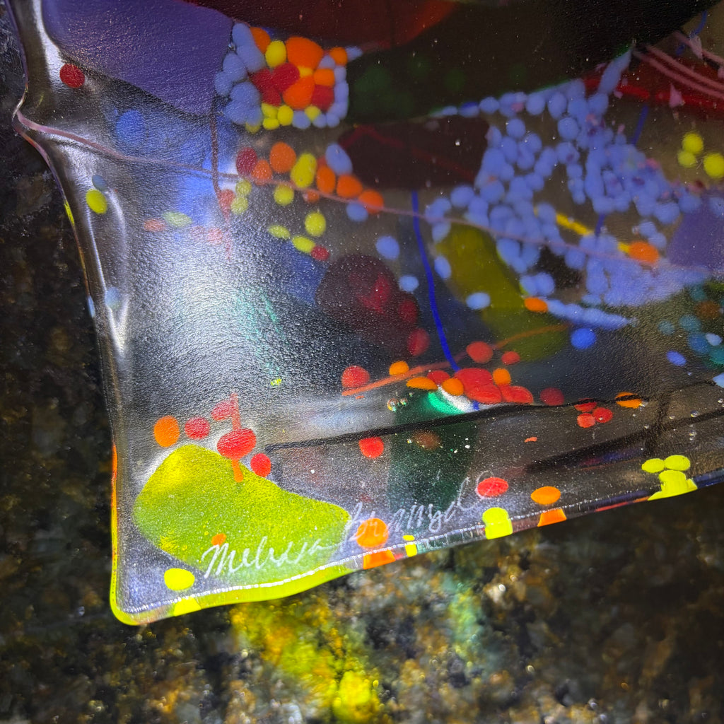 Signed Fused ART GLASS Candle Holder Abstract Multicolor Metal Stand Colorful
