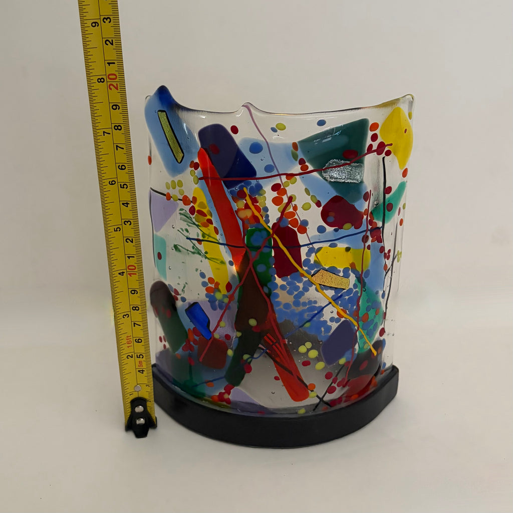 Signed Fused ART GLASS Candle Holder Abstract Multicolor Metal Stand Colorful
