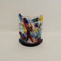 Signed Fused ART GLASS Candle Holder Abstract Multicolor Metal Stand Colorful