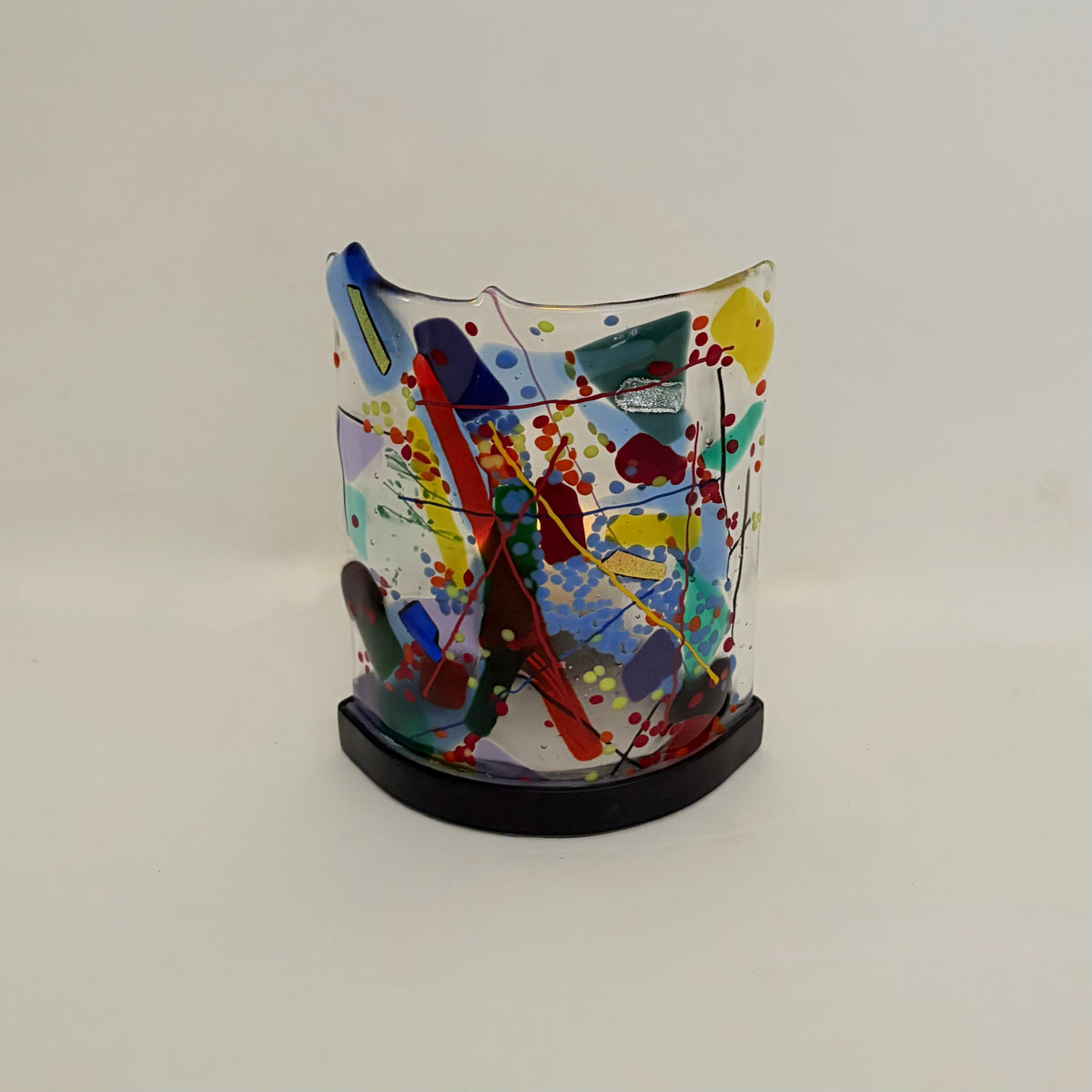 Signed Fused ART GLASS Candle Holder Abstract Multicolor Metal Stand Colorful