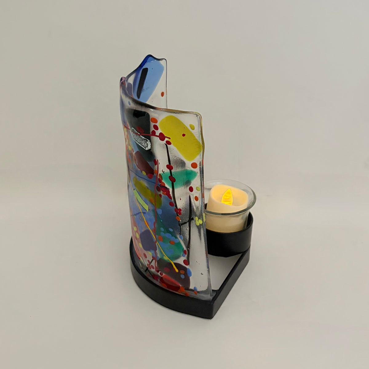 Signed Fused ART GLASS Candle Holder Abstract Multicolor Metal Stand Colorful