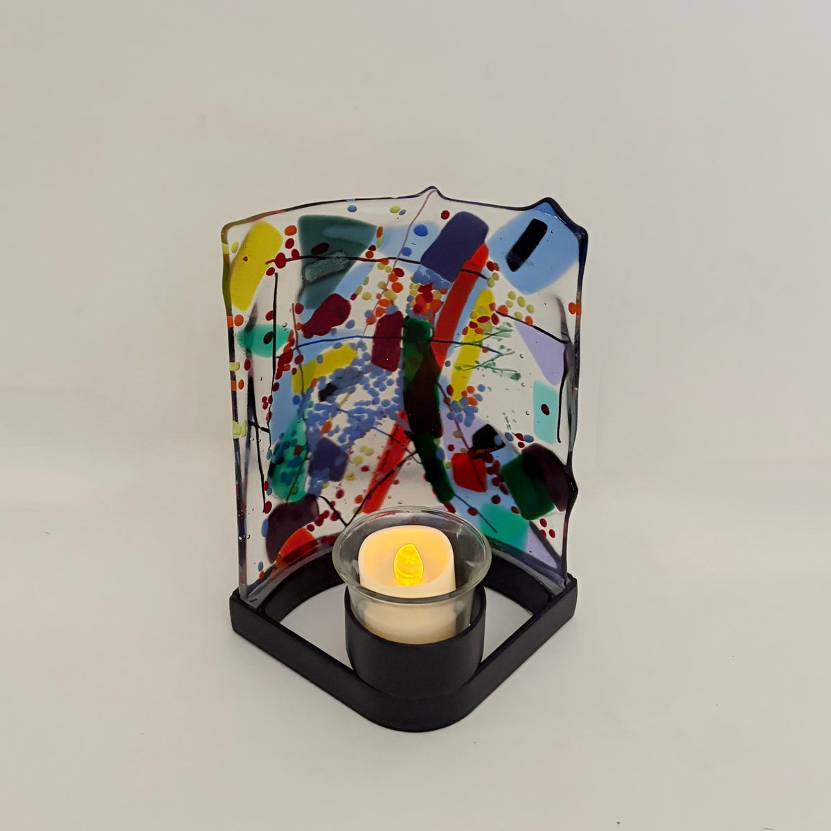 Signed Fused ART GLASS Candle Holder Abstract Multicolor Metal Stand Colorful