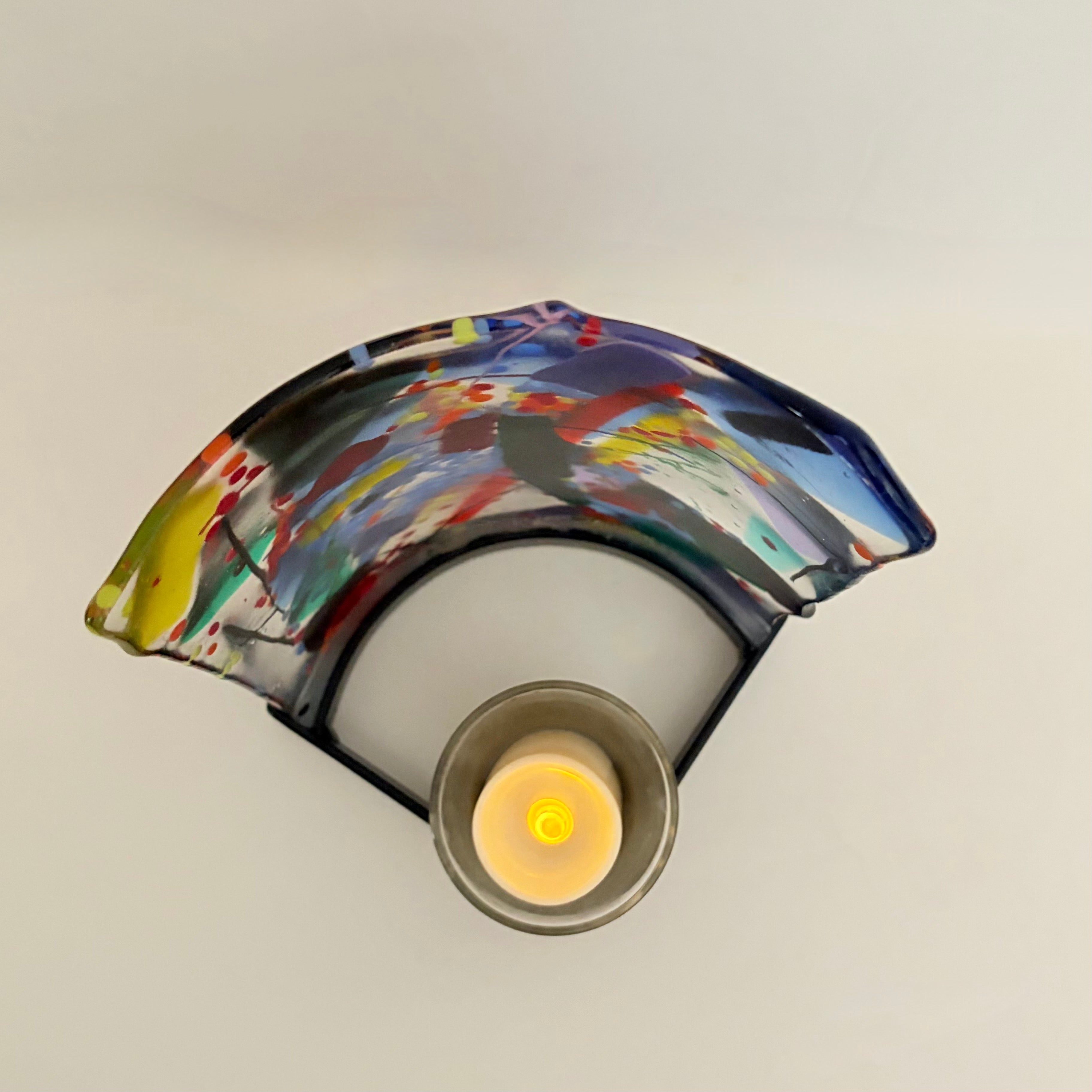 Signed Fused ART GLASS Candle Holder Abstract Multicolor Metal Stand Colorful