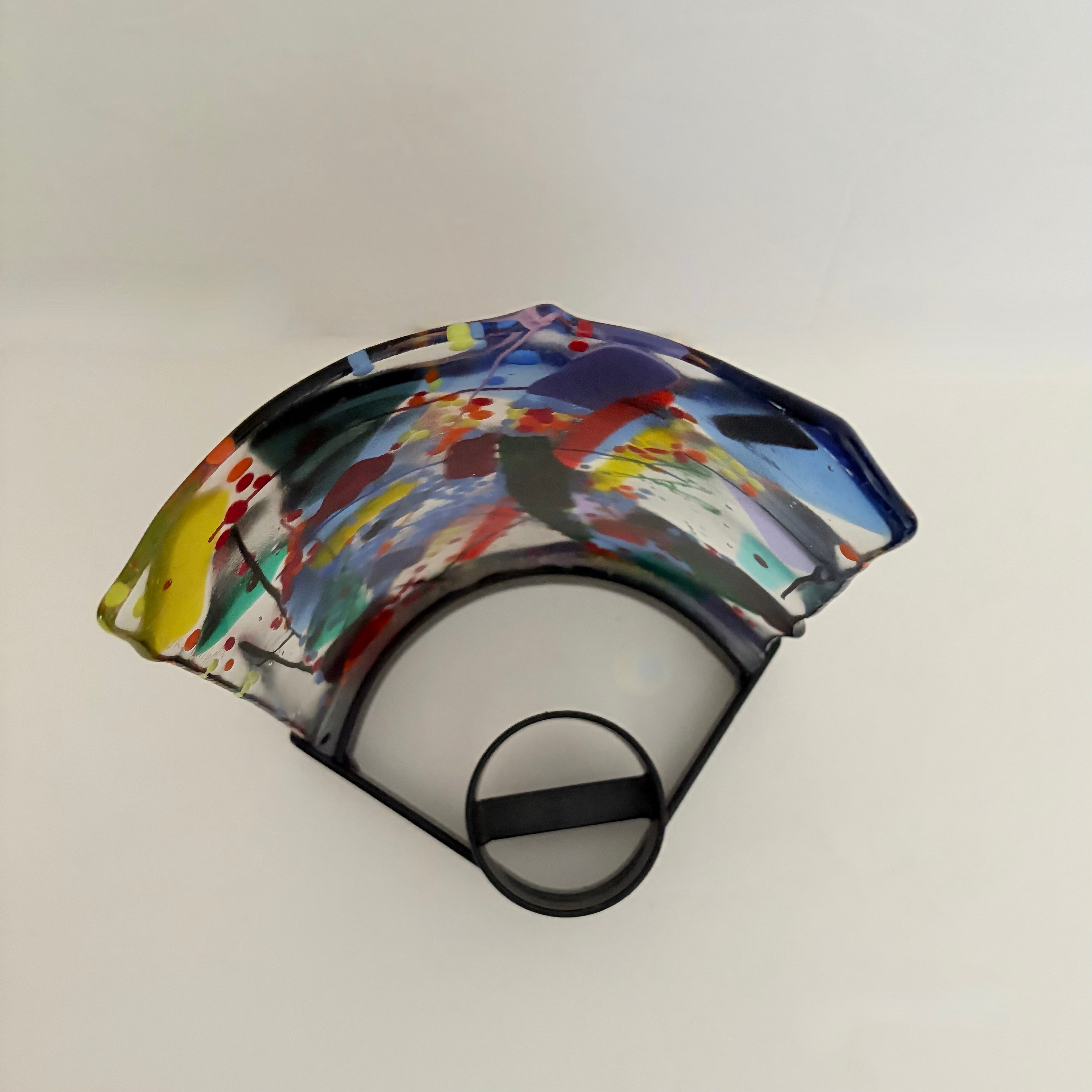 Signed Fused ART GLASS Candle Holder Abstract Multicolor Metal Stand Colorful