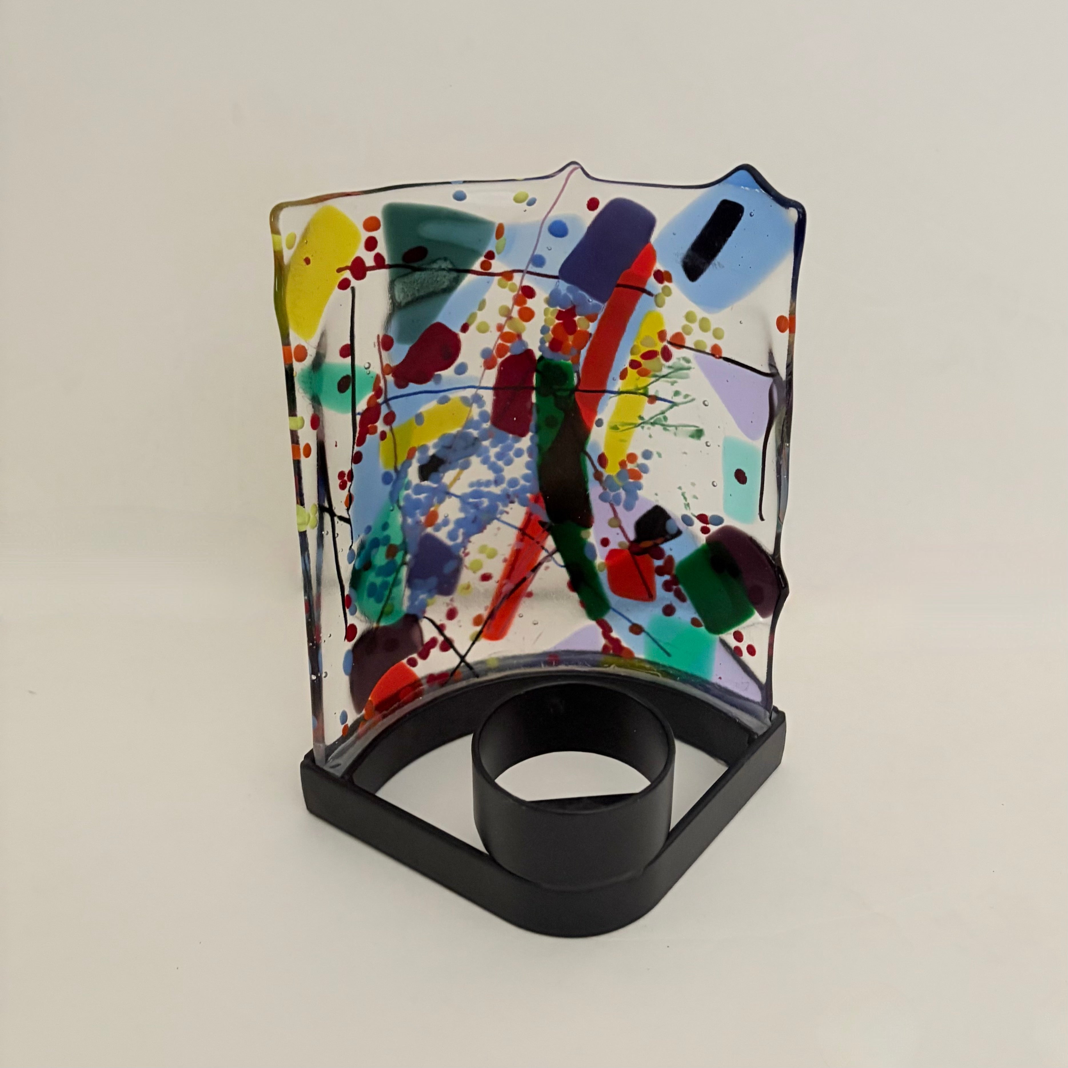 Signed Fused ART GLASS Candle Holder Abstract Multicolor Metal Stand Colorful