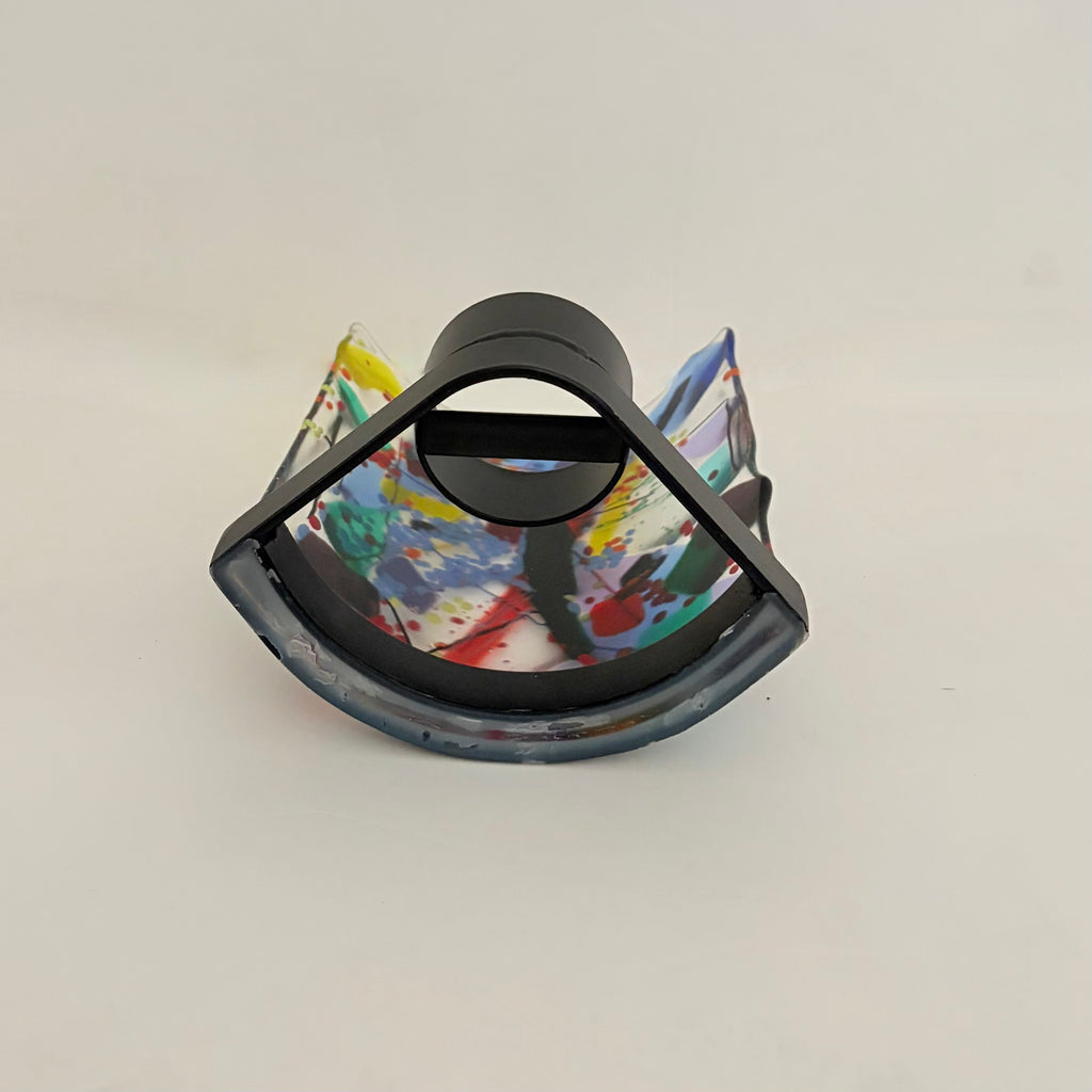 Signed Fused ART GLASS Candle Holder Abstract Multicolor Metal Stand Colorful
