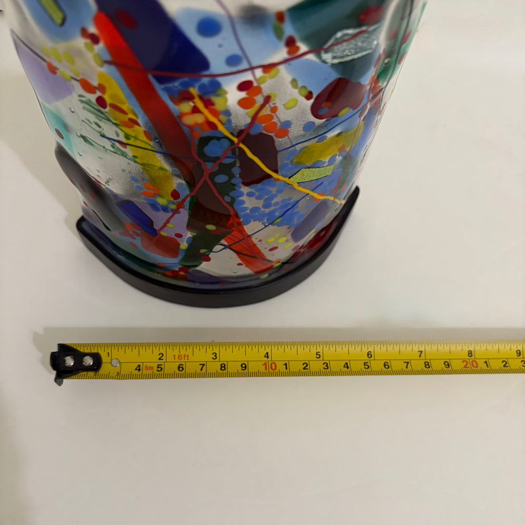 Signed Fused ART GLASS Candle Holder Abstract Multicolor Metal Stand Colorful
