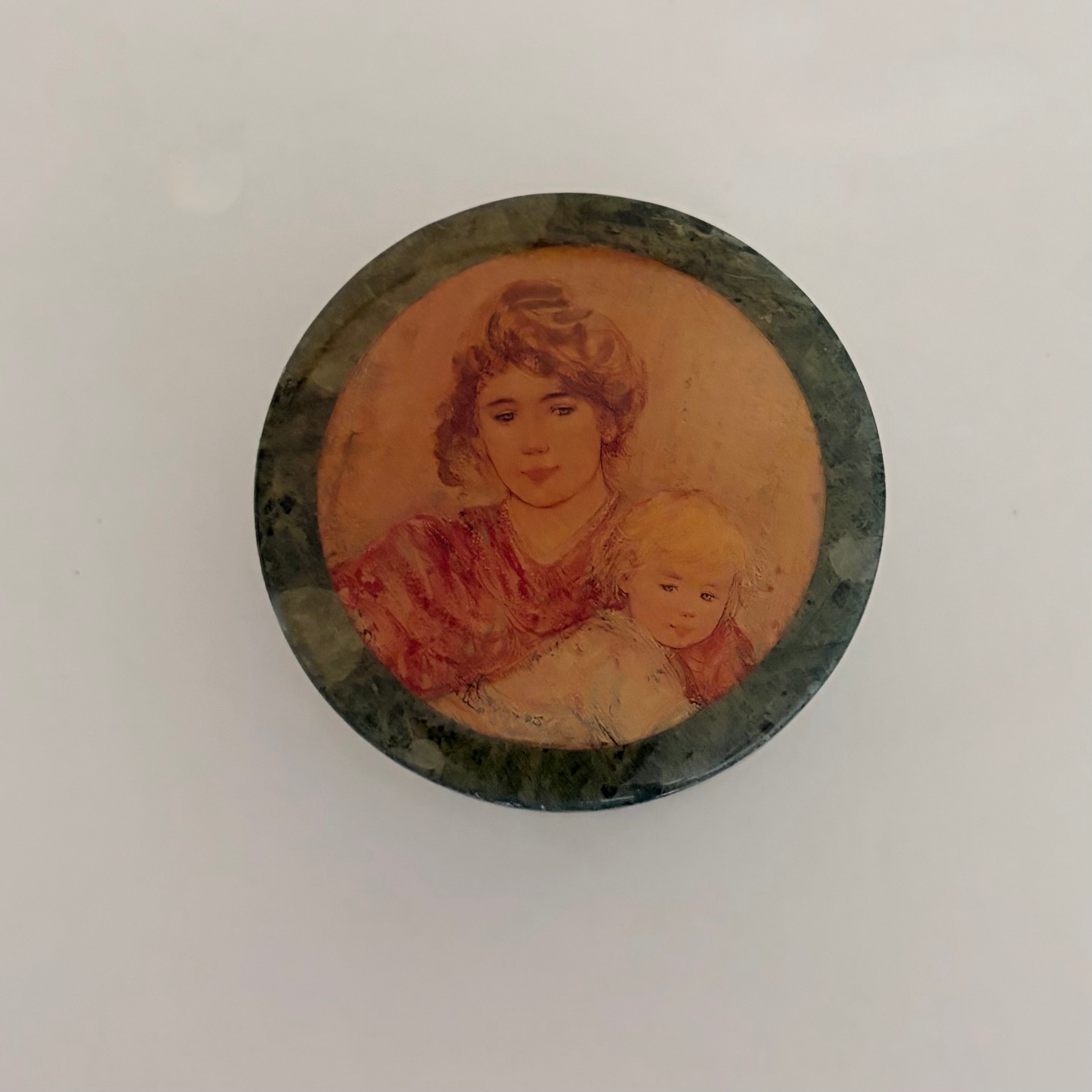 VINTAGE Green Marble Trinket Box Mother Child Portrait Edna Hibel Style Decor