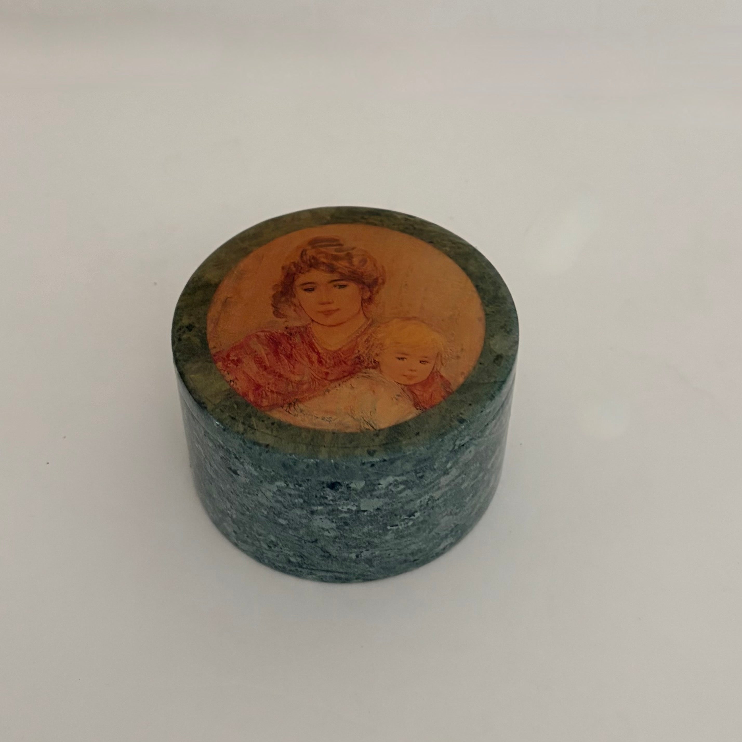 VINTAGE Green Marble Trinket Box Mother Child Portrait Edna Hibel Style Decor