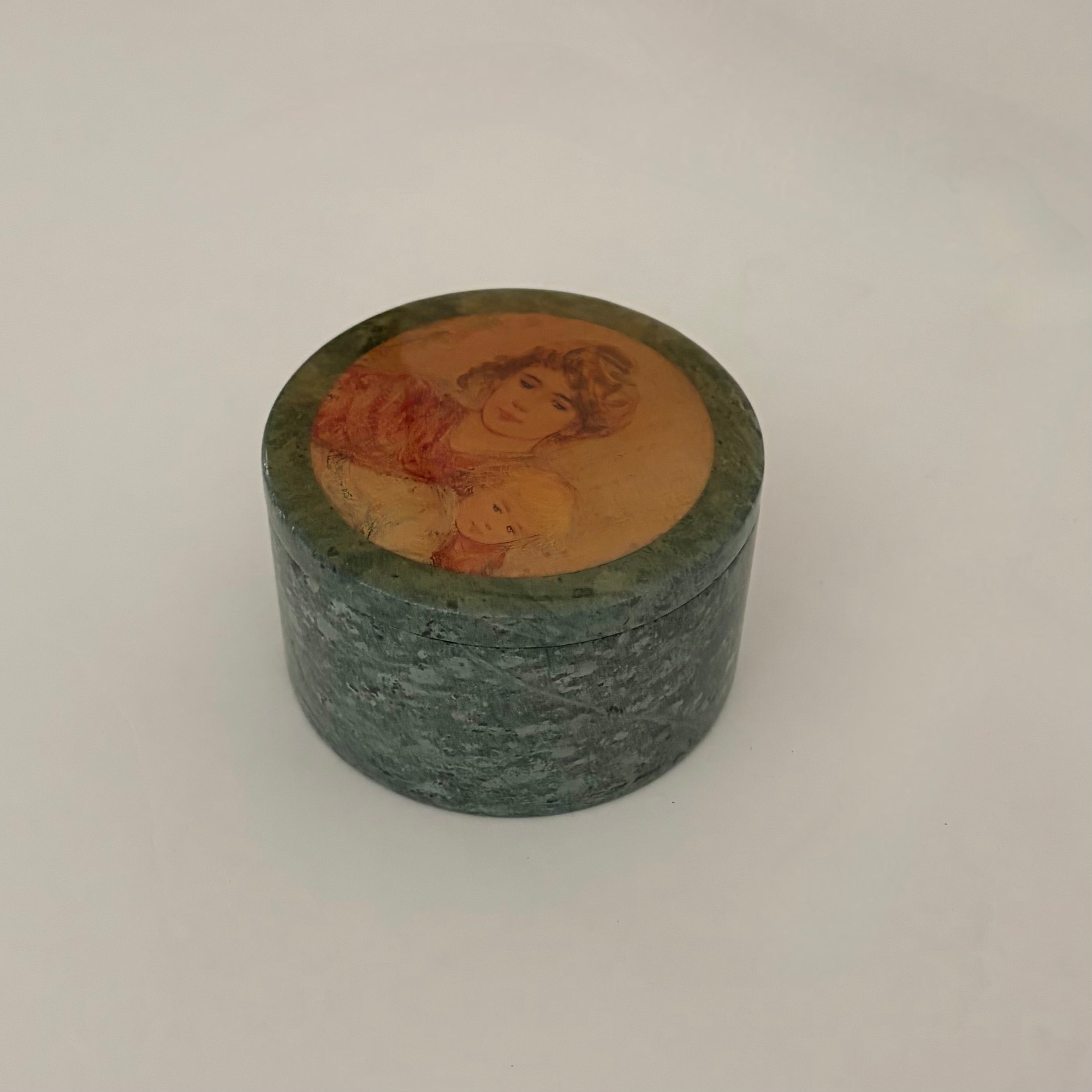 VINTAGE Green Marble Trinket Box Mother Child Portrait Edna Hibel Style Decor