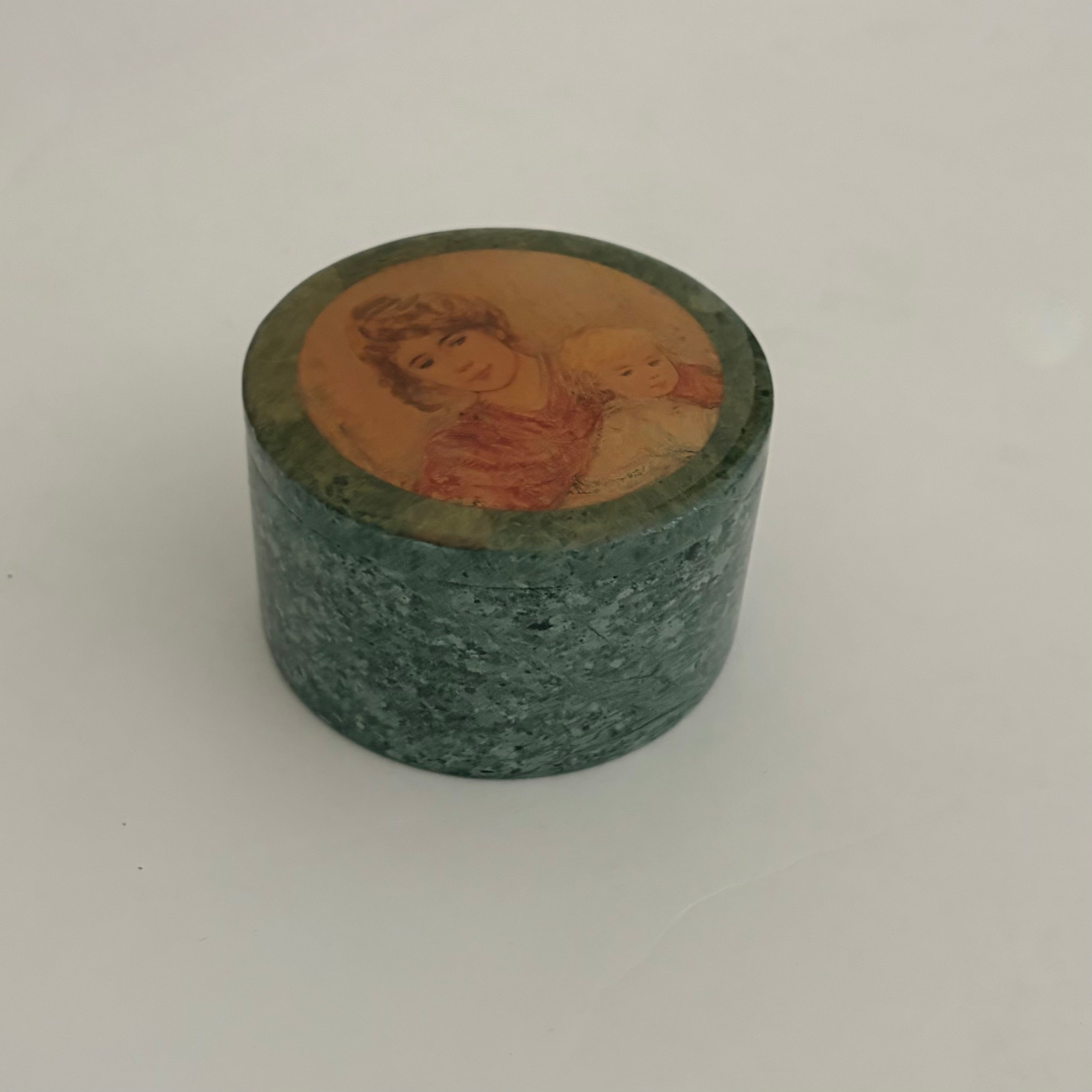 VINTAGE Green Marble Trinket Box Mother Child Portrait Edna Hibel Style Decor