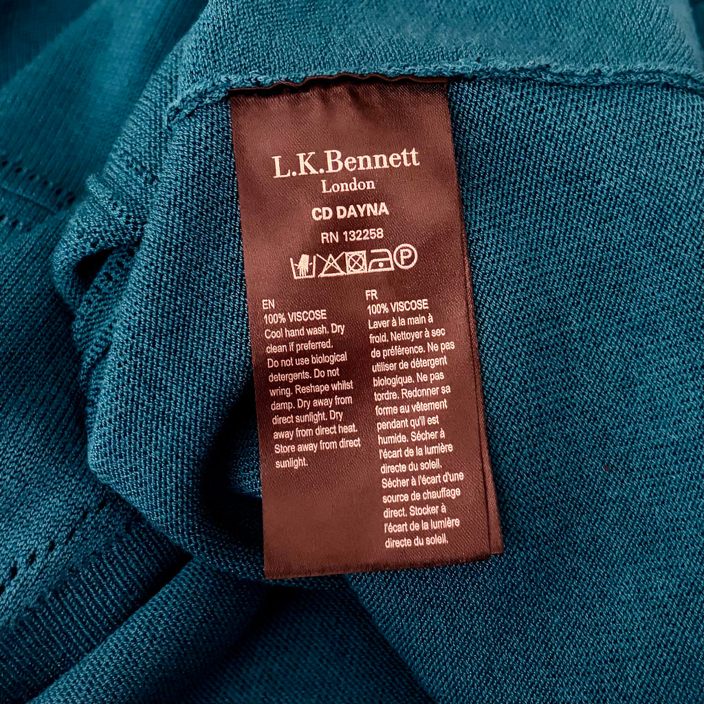 LK BENNETT Dayna Cardigan Teal Deep Lake Cropped Pointelle Knit Sweater Medium