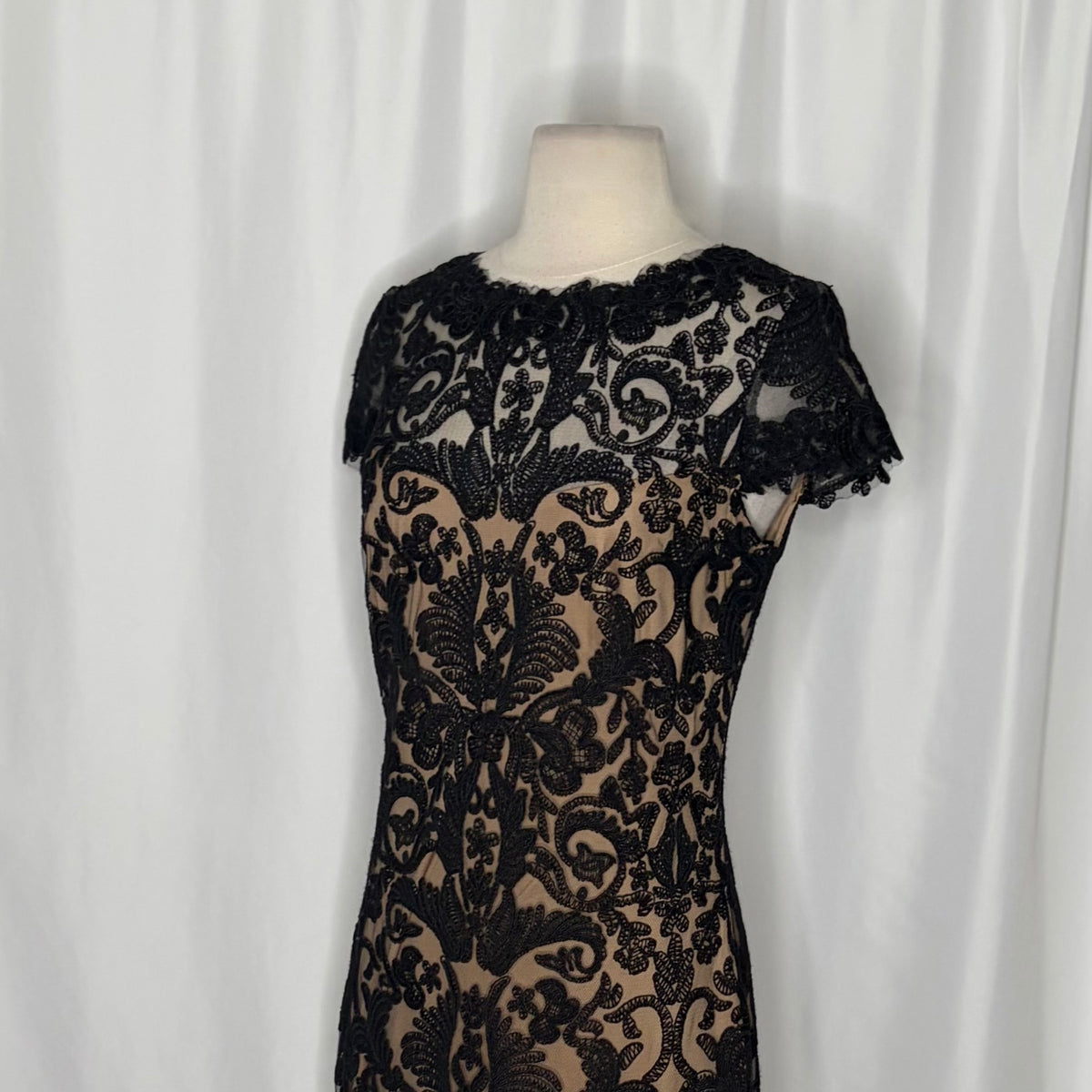 TADASHI SHOJI Illusion Yoke Lace Sheath Dress Black Nude Cap Sleeves Size 8