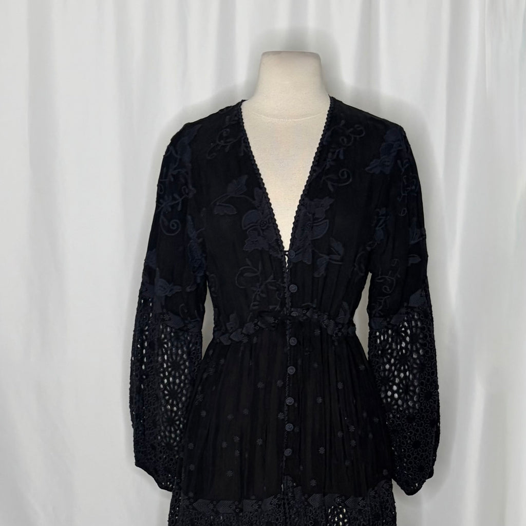 NWT!! JOHNNY WAS Jupiter Mosaic Kimono Black Embroidered Eyelet Duster Small