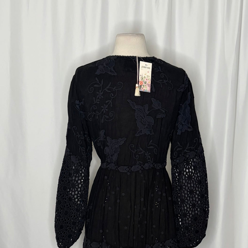 NWT!! JOHNNY WAS Jupiter Mosaic Kimono Black Embroidered Eyelet Duster Small