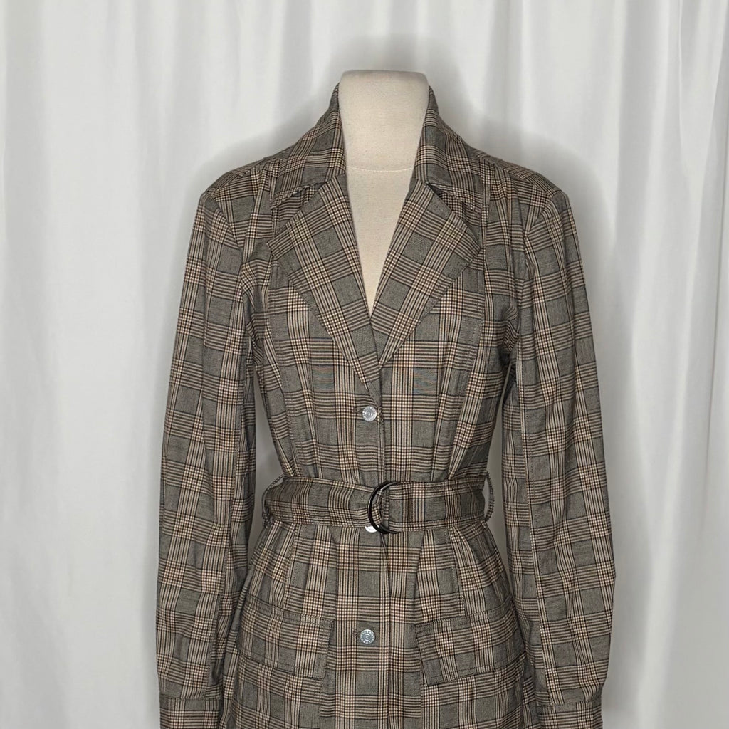 Anthropologie PILCRO Belted Blazer Dress Plaid Glen Check Brown Pockets Medium