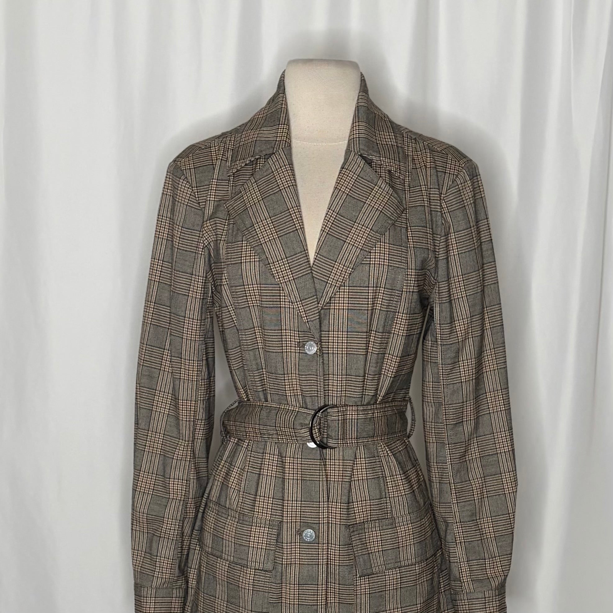 Anthropologie PILCRO Belted Blazer Dress Plaid Glen Check Brown Pockets Medium