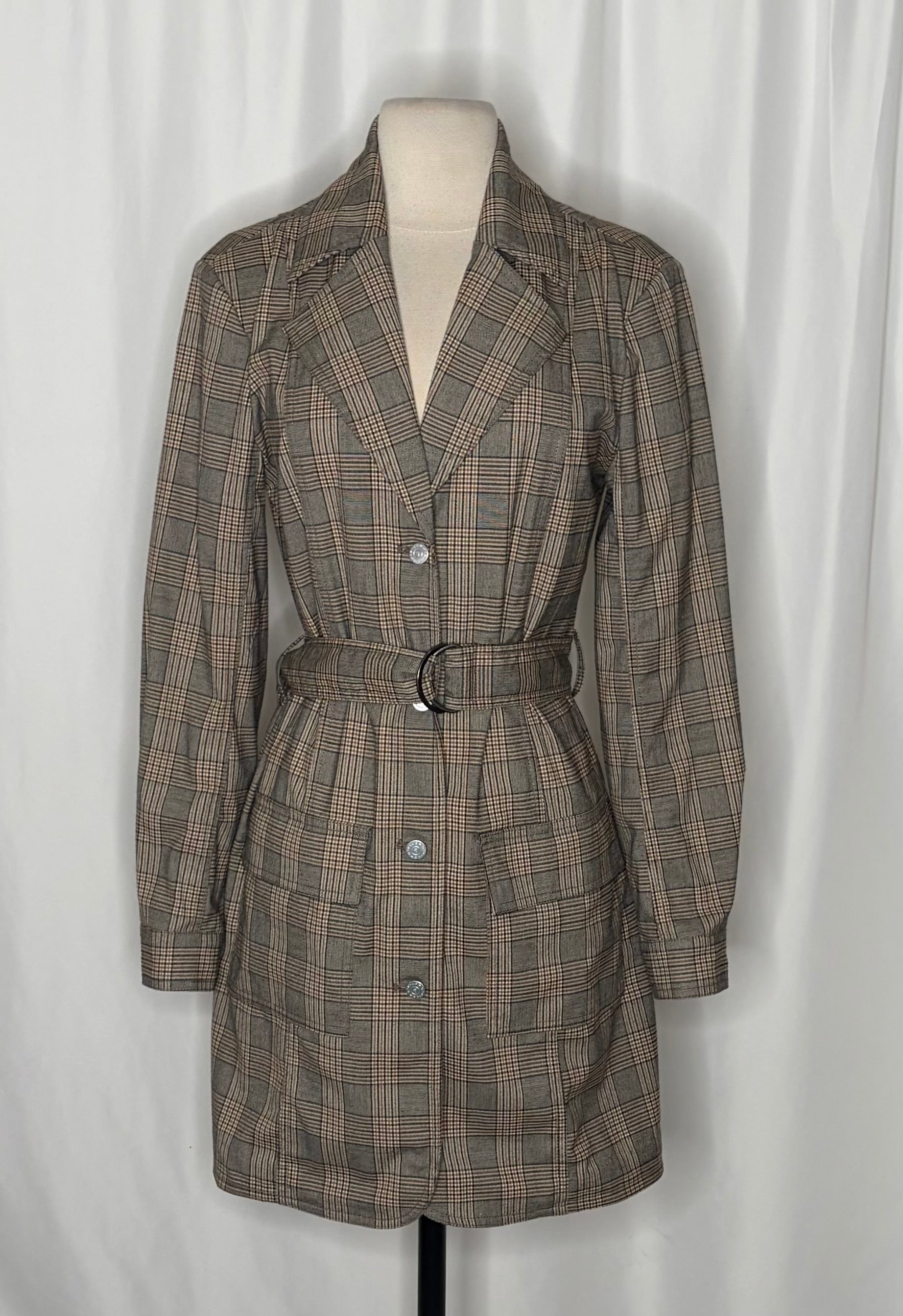 Anthropologie PILCRO Belted Blazer Dress Plaid Glen Check Brown Pockets Medium
