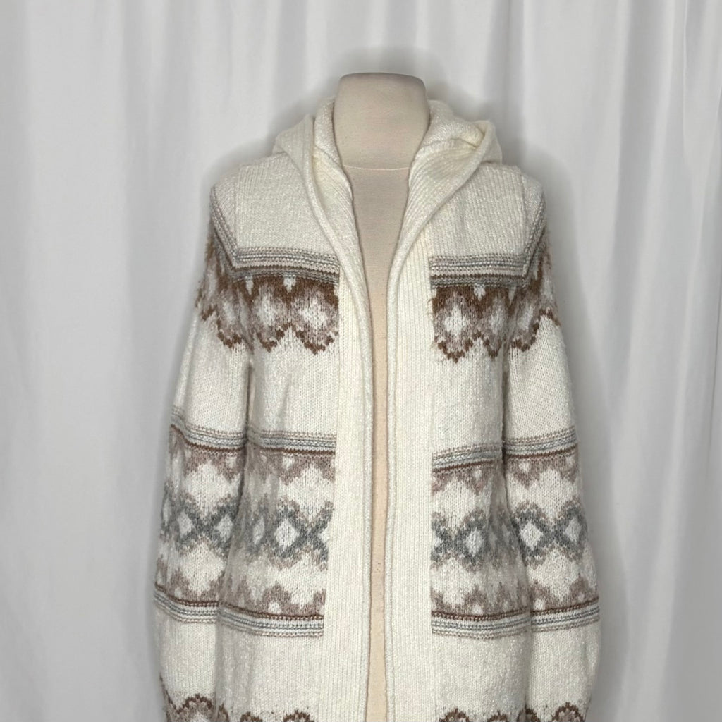 ABERCROMBIE & FITCH Fair Isle Hooded Long Cardigan Sweater Cream Fairisle XS