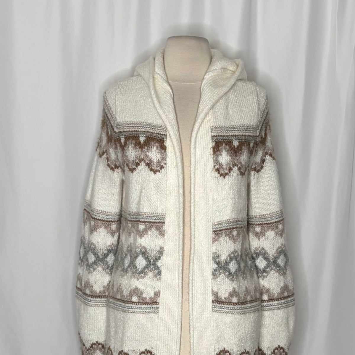ABERCROMBIE & FITCH Fair Isle Hooded Long Cardigan Sweater Cream Fairisle XS