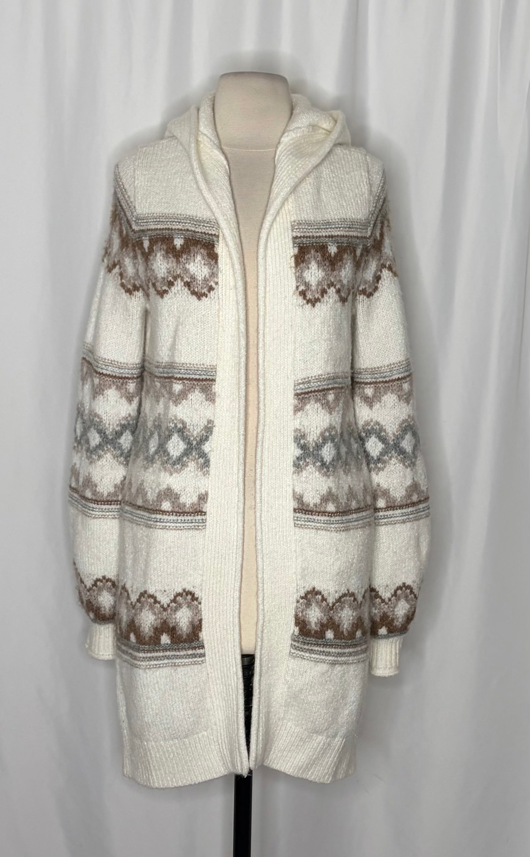 ABERCROMBIE & FITCH Fair Isle Hooded Long Cardigan Sweater Cream Fairisle XS