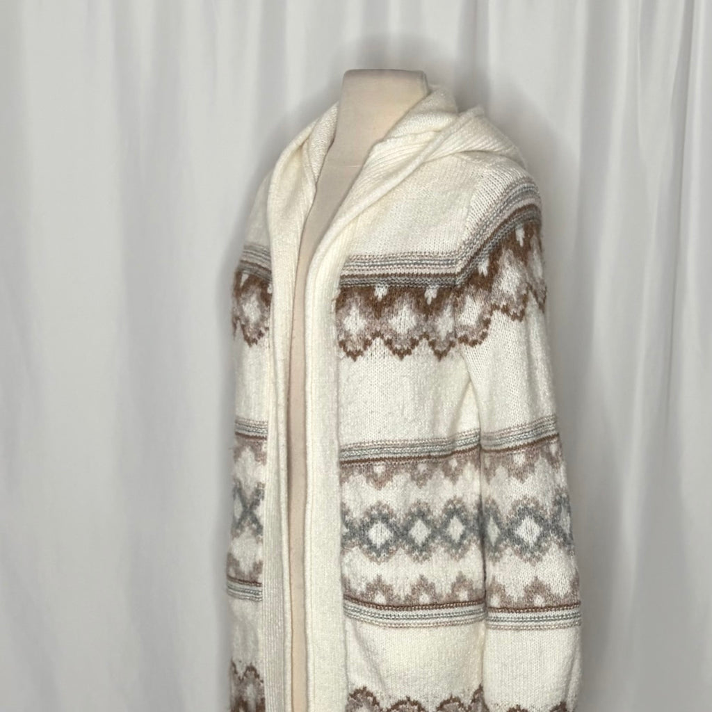 ABERCROMBIE & FITCH Fair Isle Hooded Long Cardigan Sweater Cream Fairisle XS