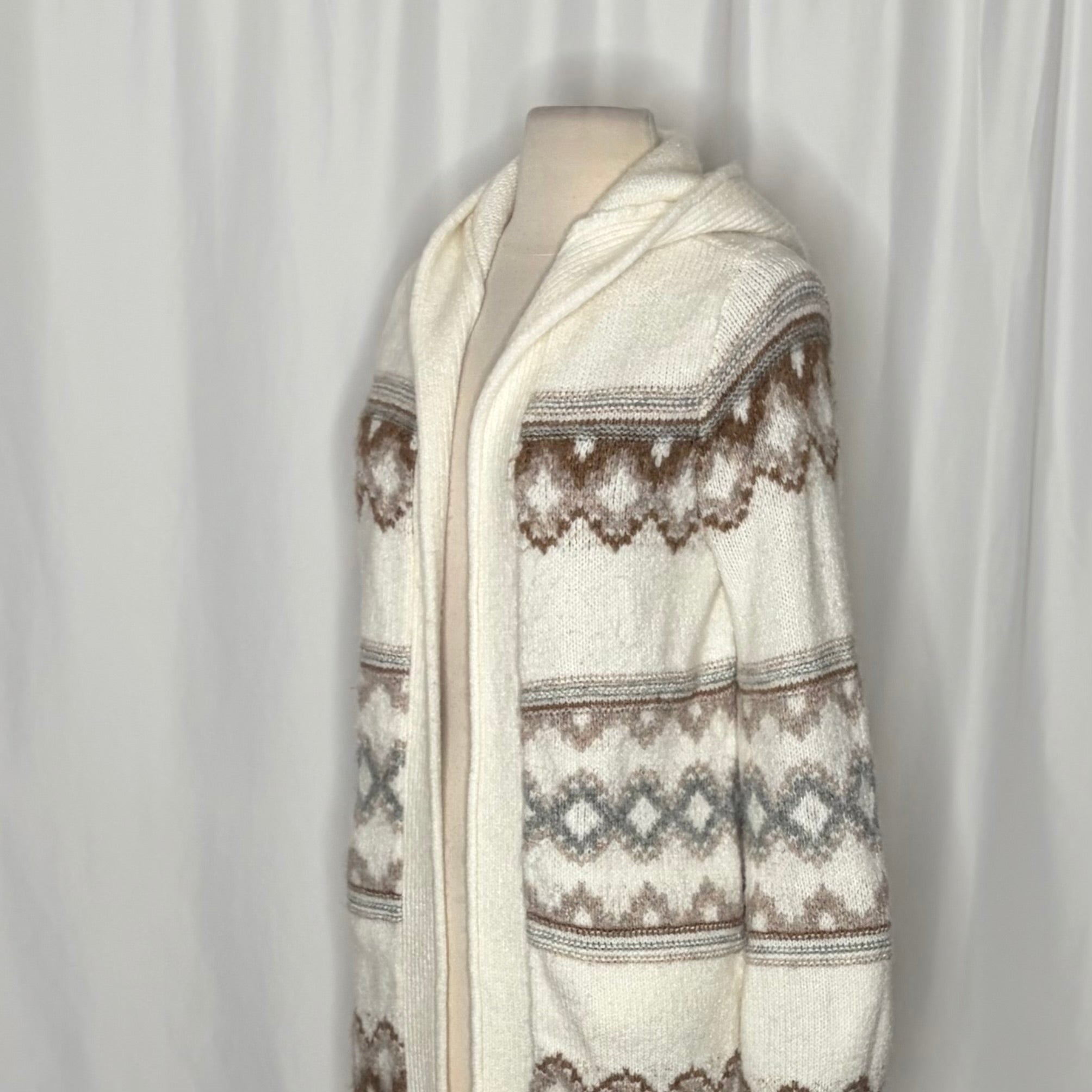 ABERCROMBIE & FITCH Fair Isle Hooded Long Cardigan Sweater Cream Fairisle XS